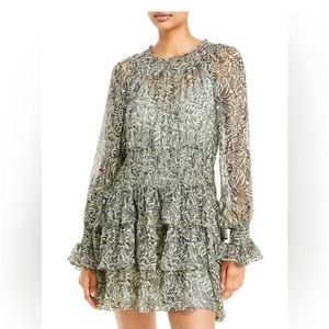 CINQ À SEPT Janelle Mini Dress Size 2 Animal Print Ruffle Hem Preppy Lightweight